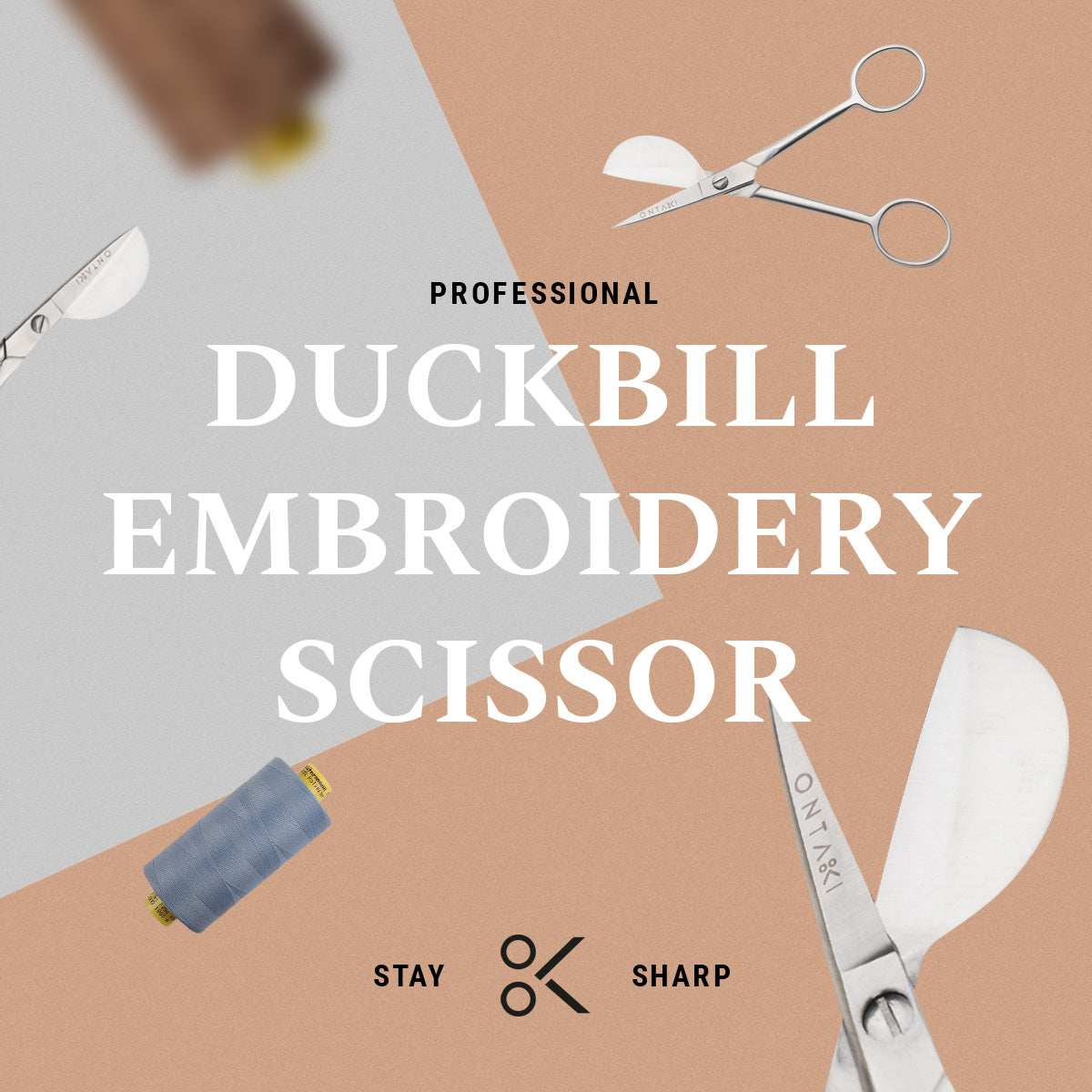 Professional duckbill embroidery scissors with text on a beige background