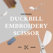 Professional duckbill embroidery scissors with text on a beige background