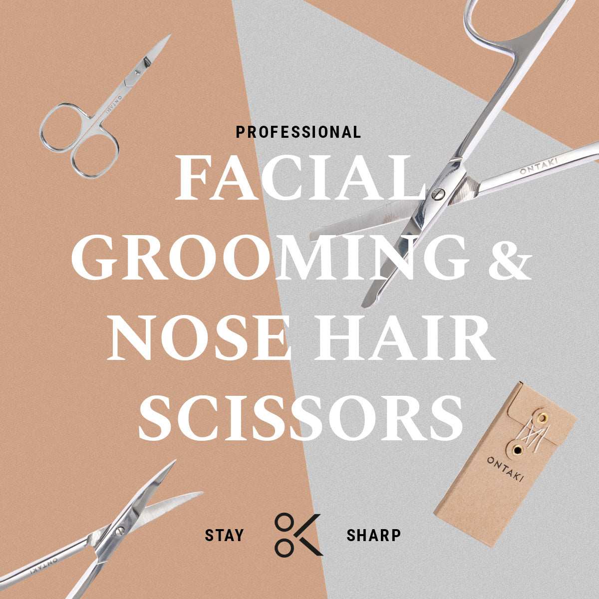 Facial grooming and nose hair scissors with branding on a beige and gray background