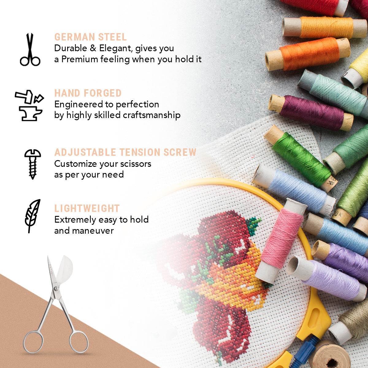 Scissors and embroidery thread with product features on a light background