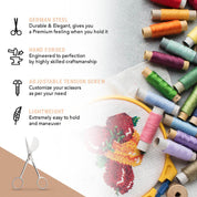 Scissors and embroidery thread with product features on a light background