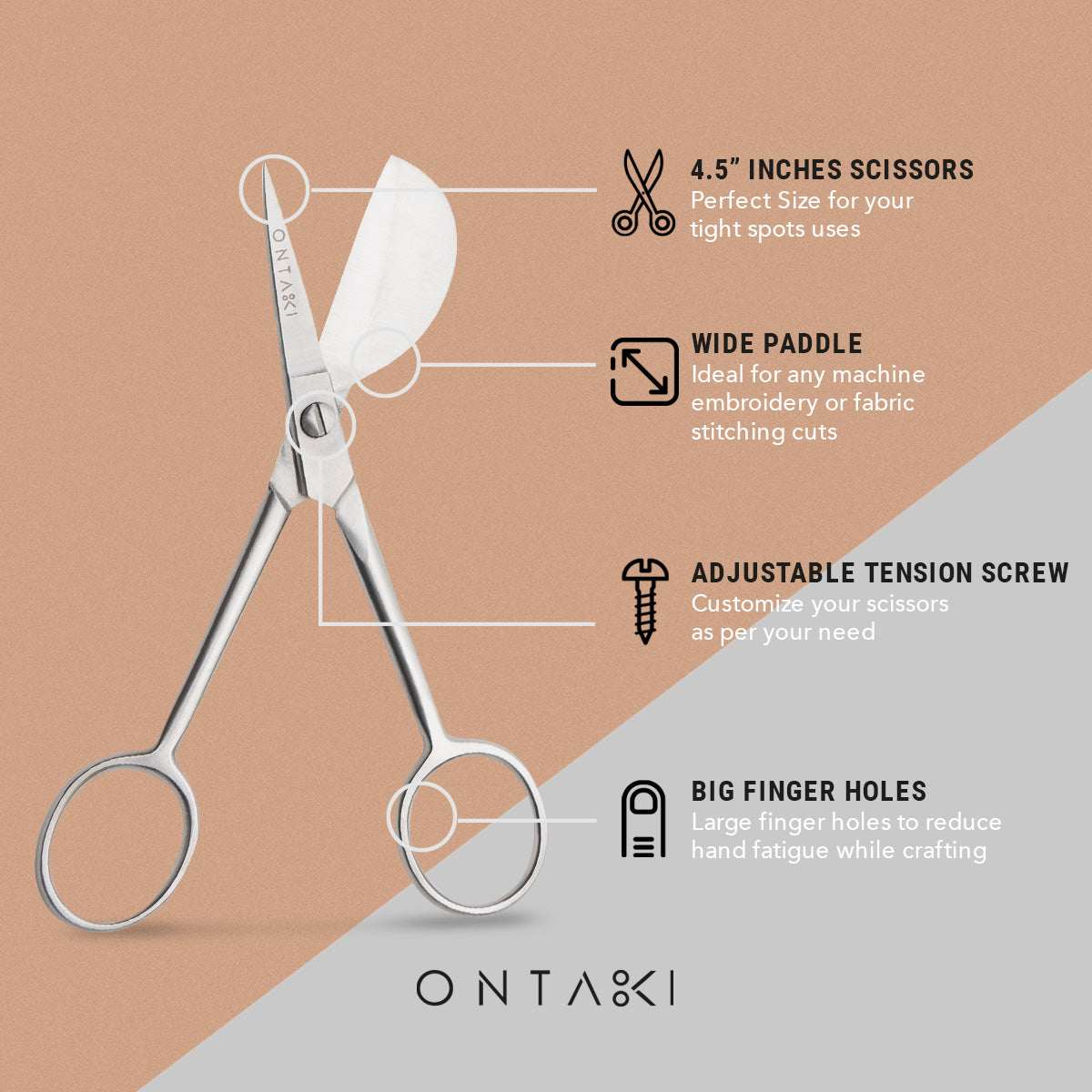ONTAKI scissors with features highlighted on a brown and gray background