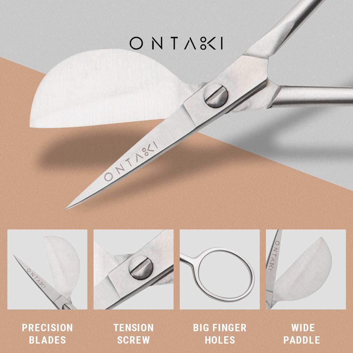 Ontaki scissors with features highlighted on a gray and brown background