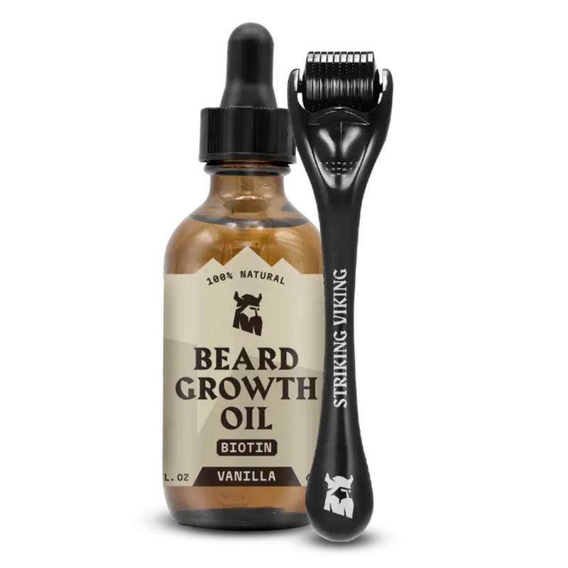 Kit para Crecimiento de Barba - Aceite de Biotina con Vainilla para Crecimiento de Barba y Derma Roller