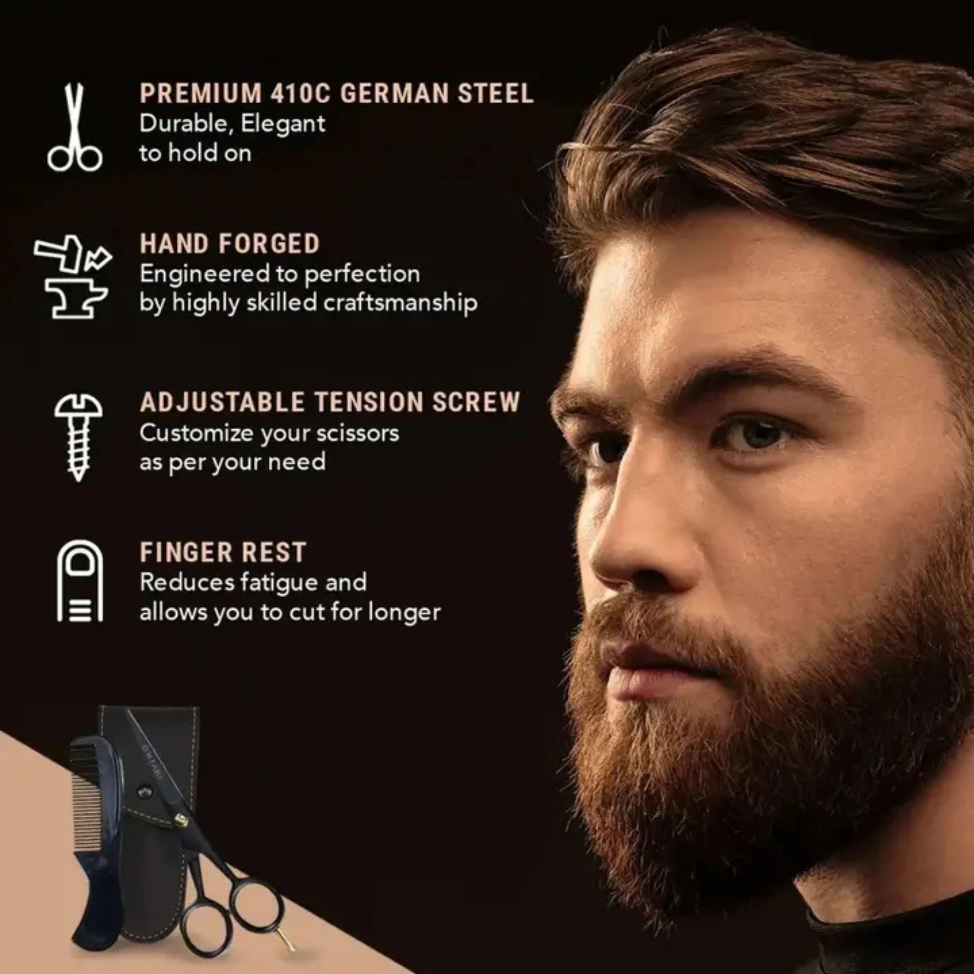Tijeras para barba y bigote ONTAKI con apoyo para los dedos (5")
