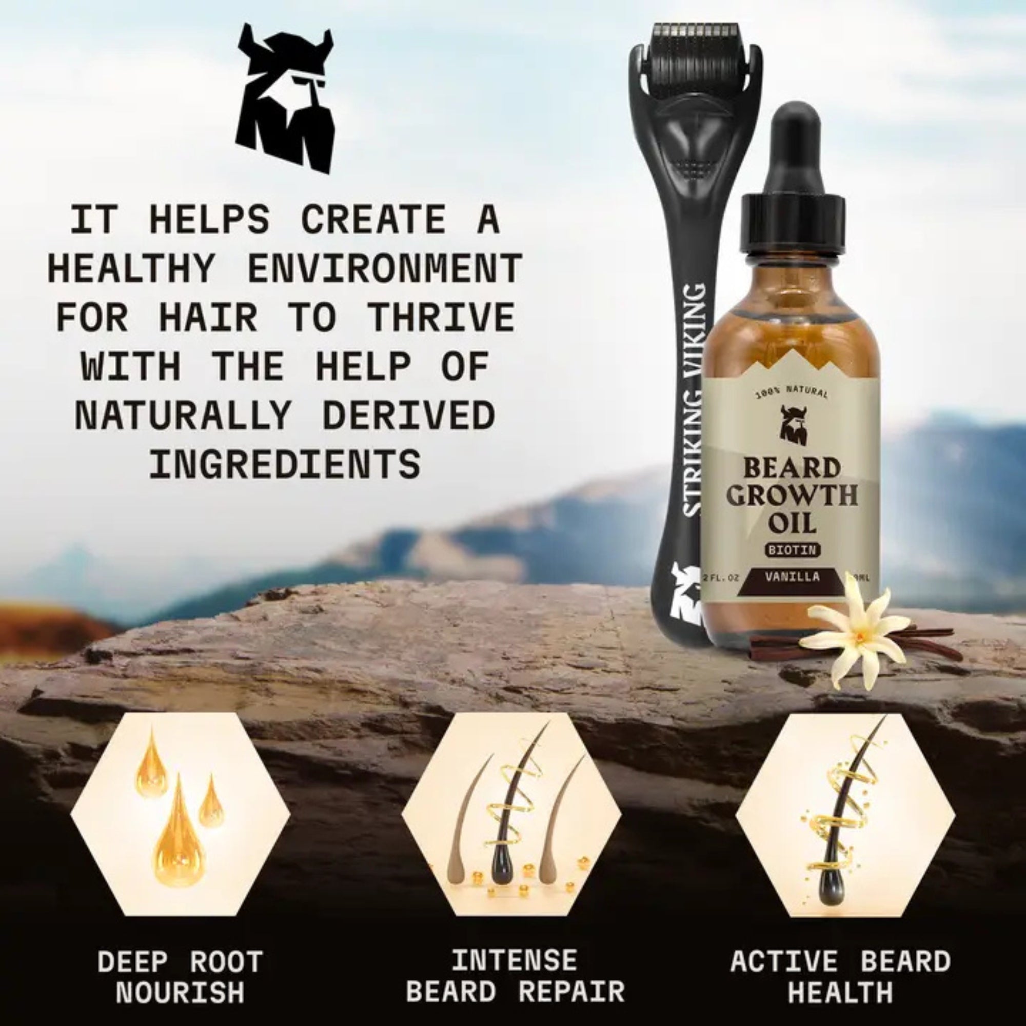Striking Viking Vanilla Beard Growth Kit with Biotin Oil & 0.25mm Derma Roller