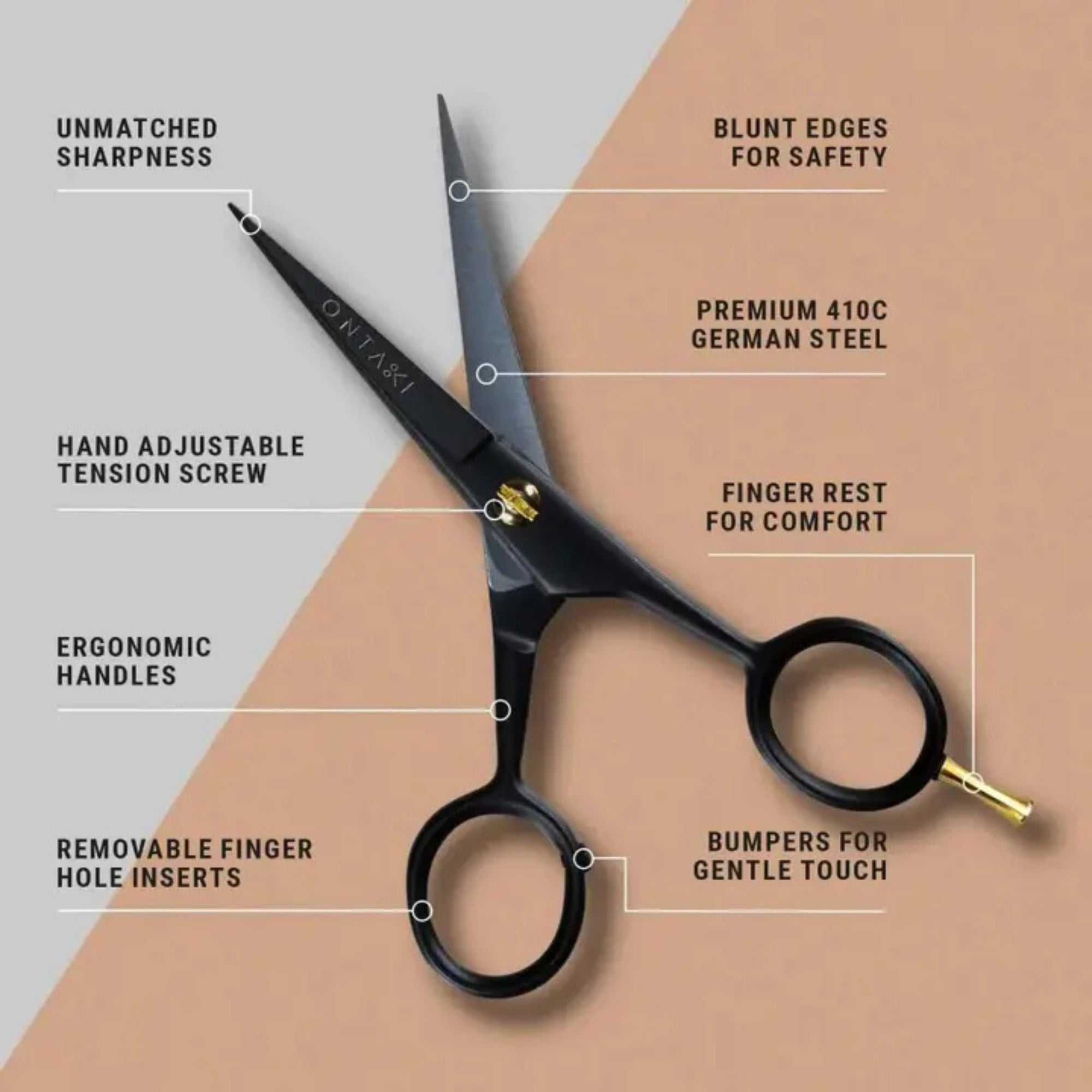 Tijeras para barba y bigote ONTAKI con apoyo para los dedos (5")