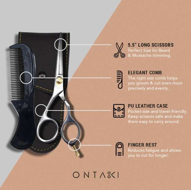 ONTAKI Japanese Steel Beard & Mustache Right & Left Handed Scissors (5.5")
