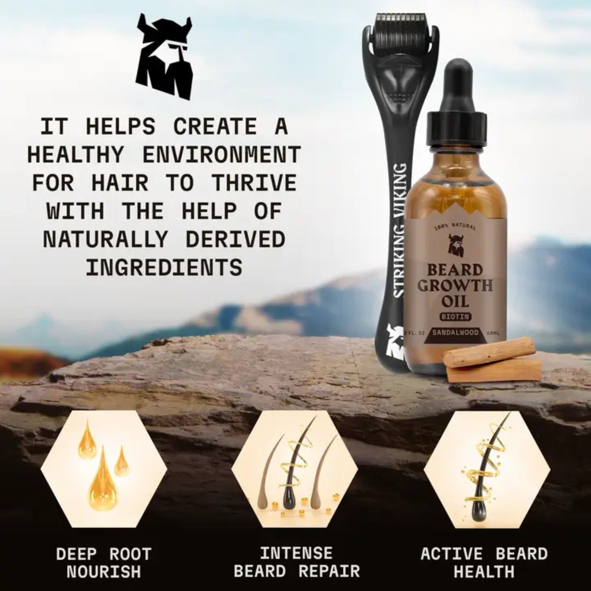 Striking Viking Sandalwood Beard Growth Kit with Biotin Oil & 0.25mm Derma Roller