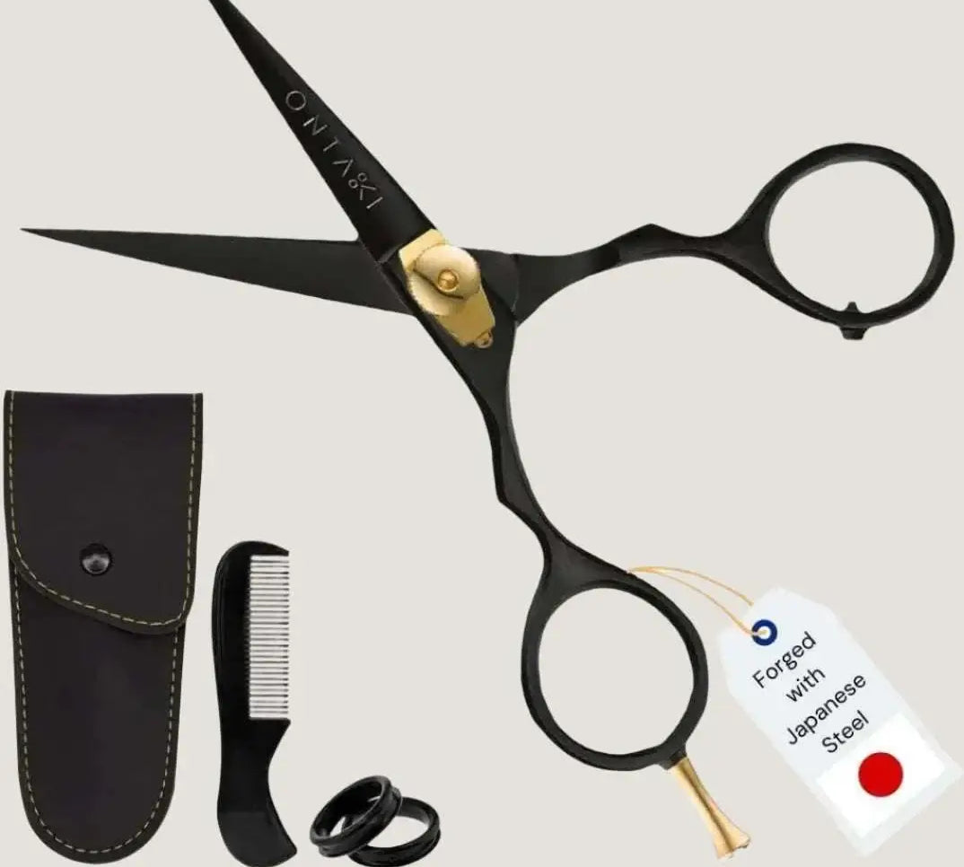 Premium Japanese steel black 5-inch beard and hair scissors with gold accents, carrying case, comb, and finger rings