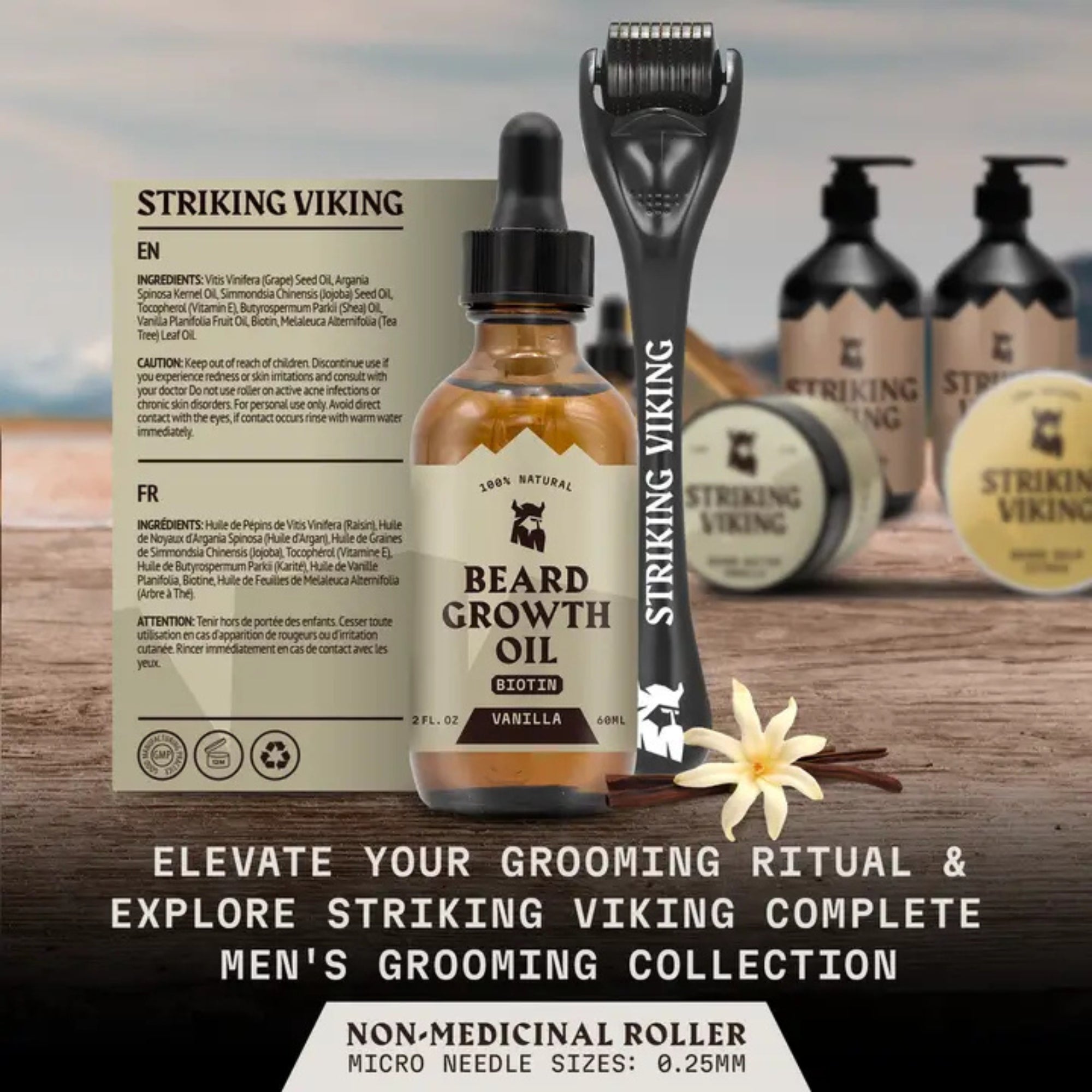 Striking Viking Vanilla Beard Growth Kit with Biotin Oil & 0.25mm Derma Roller