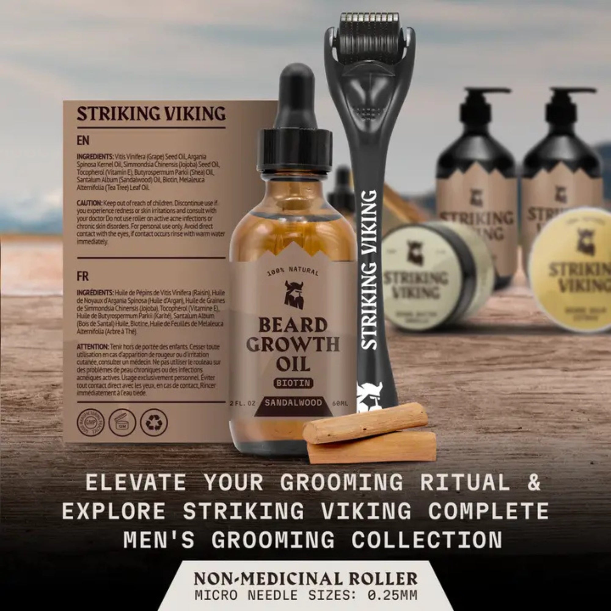 Striking Viking Sandalwood Beard Growth Kit with Biotin Oil & 0.25mm Derma Roller
