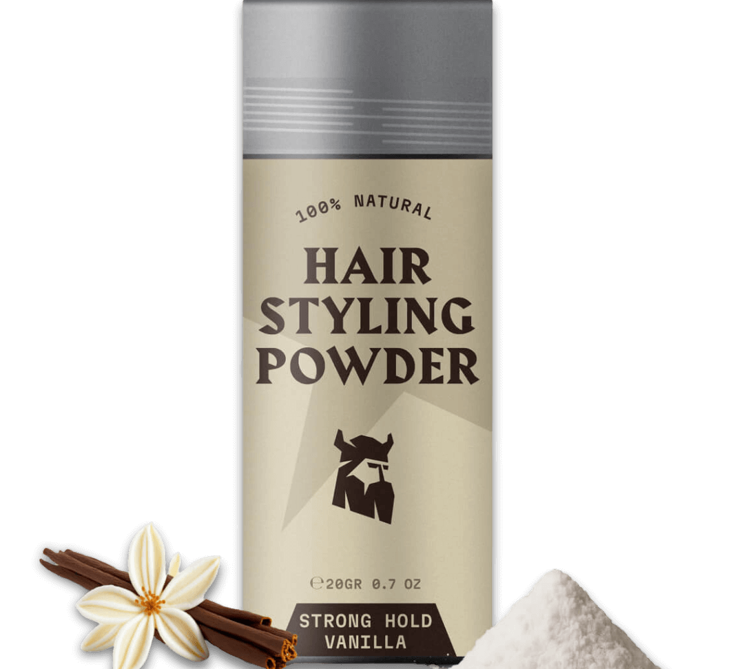 Hair Styling Powder for men with strong hold and vanilla scent in beige packaging alongside vanilla flower, cinnamon sticks, and powder pile