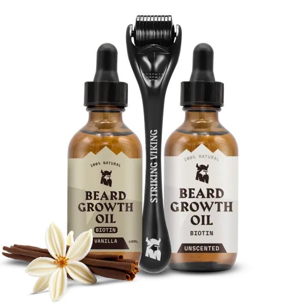 Kit para Crecimiento de Barba - Aceites de Biotina Vainilla y Sin Aroma + Roller