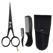 Black stainless steel beard and mustache scissors with small and large combs and a black synthetic leather carrying case for grooming.