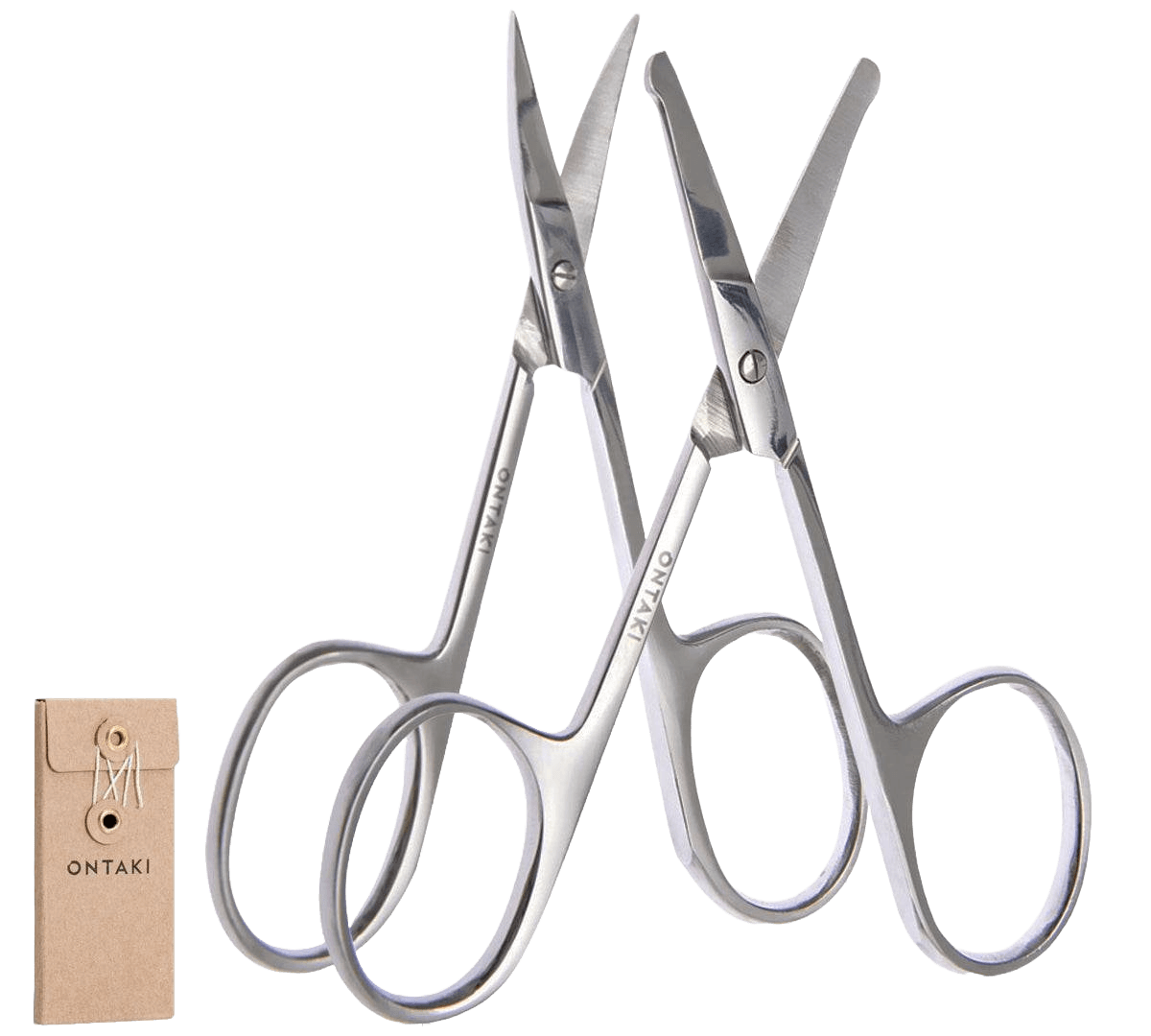 ONTAKI 2-pack stainless steel facial hair grooming scissors with curved and rounded safety tips for precise beard, mustache, eyebrow, nose, and ear trimming