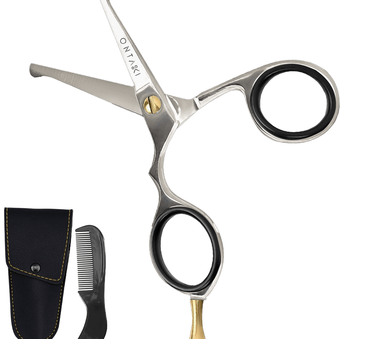 ONTAKI Japanese Steel rounded-tip beard and mustache scissors with comb and PU leather pouch