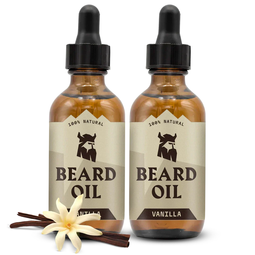 Two bottles of vanilla-scented natural beard oil with vanilla flower and pods, 2 pack