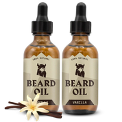 Two bottles of vanilla-scented natural beard oil with vanilla flower and pods, 2 pack