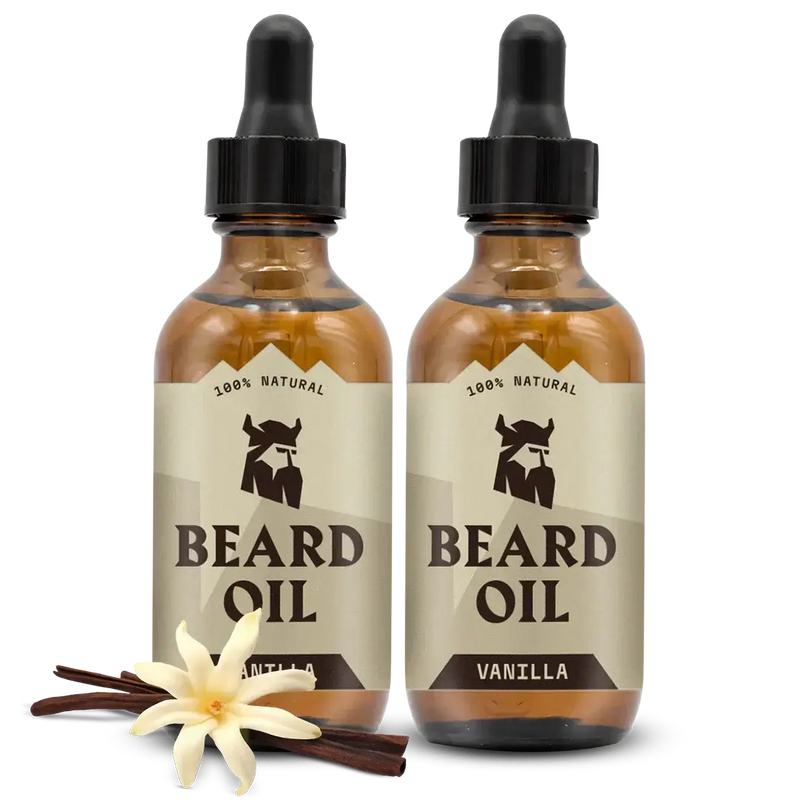 Two bottles of vanilla-scented natural beard oil with vanilla flower and pods, 2 pack