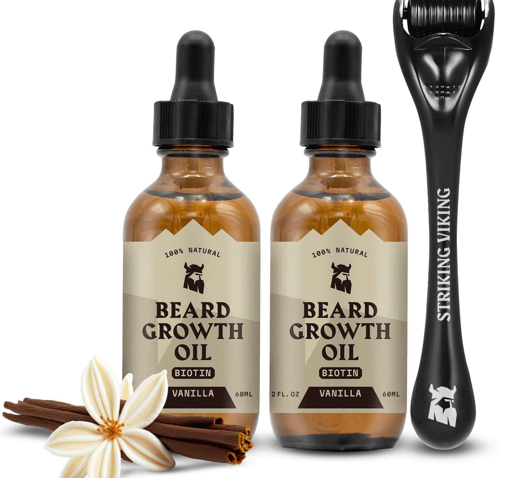 Vanilla Beard Growth Bundle - Biotin Infused Growth Serum & Titanium Derma Roller with beard growth oil and roller