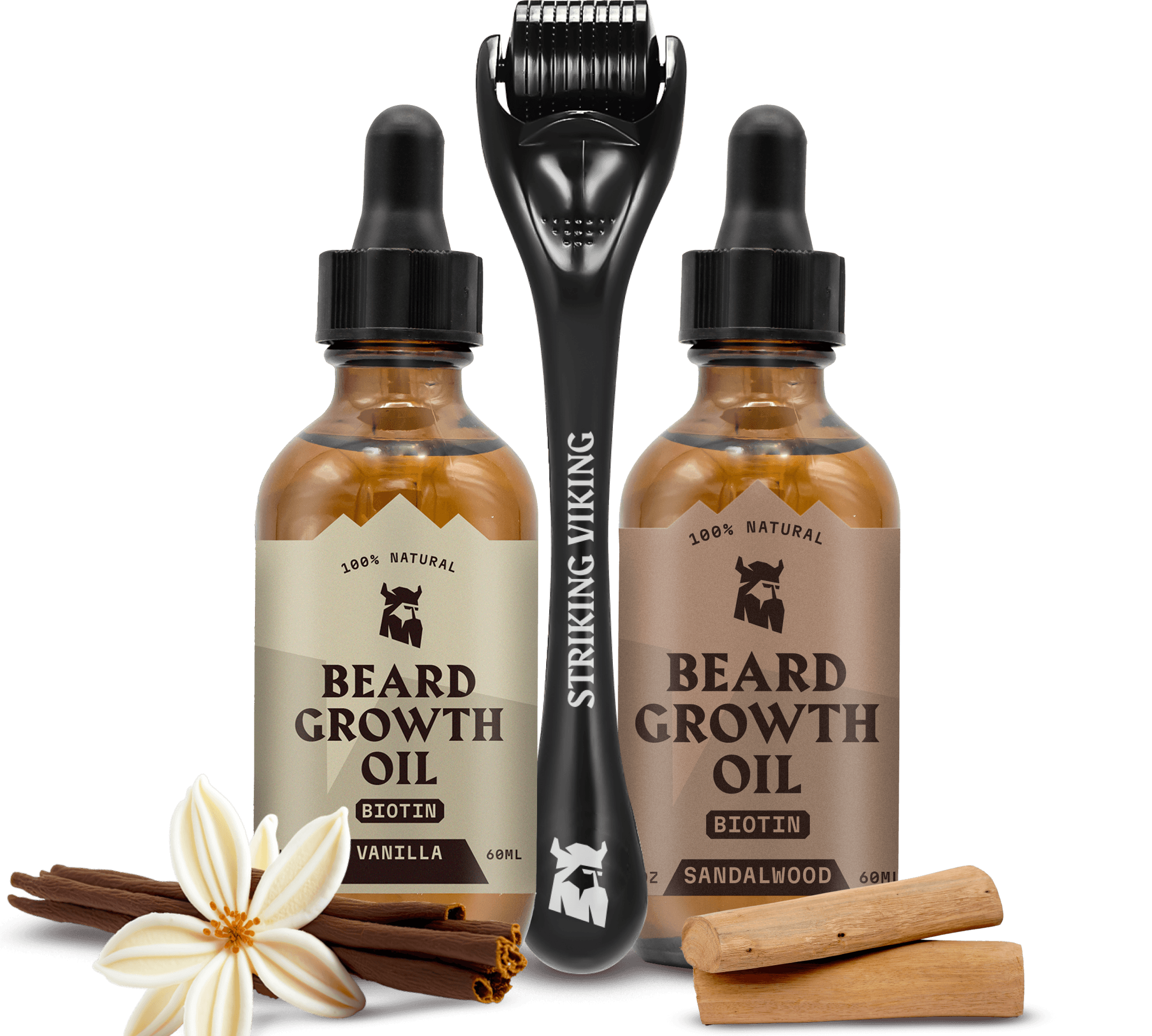 Beard Growth Mastery Bundle - Sandalwood & Vanilla Biotin Oils + Derma Roller with natural ingredients and packaging.