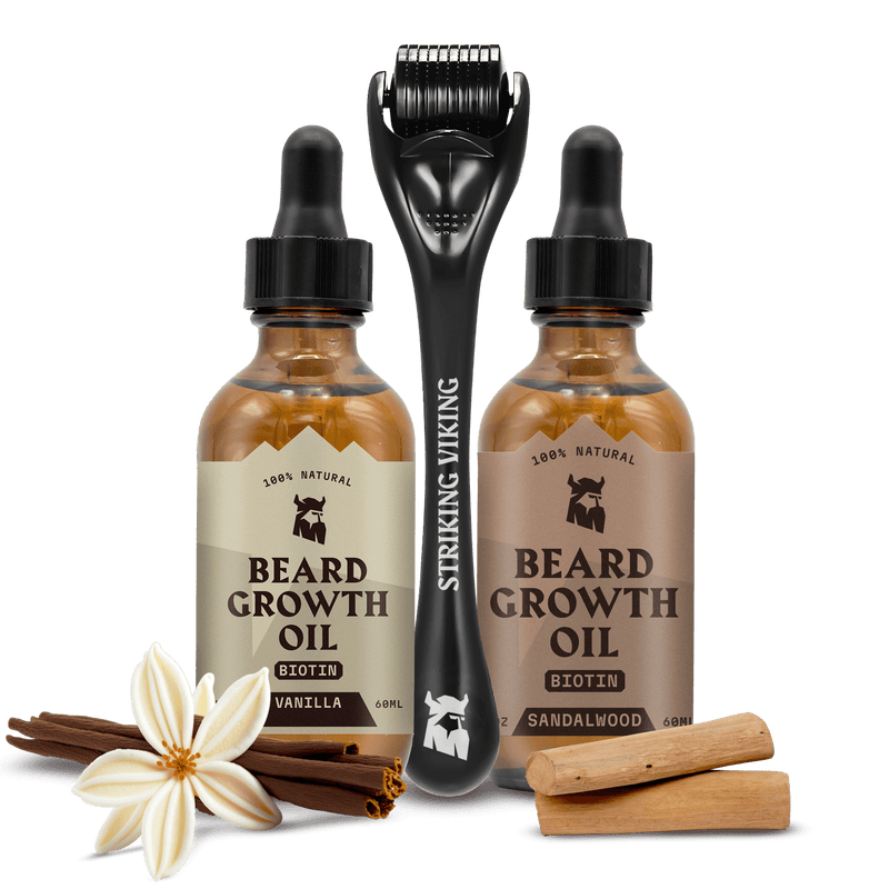 Beard Growth Mastery Bundle - Sandalwood & Vanilla Biotin Oils + Derma Roller with natural ingredients and packaging.