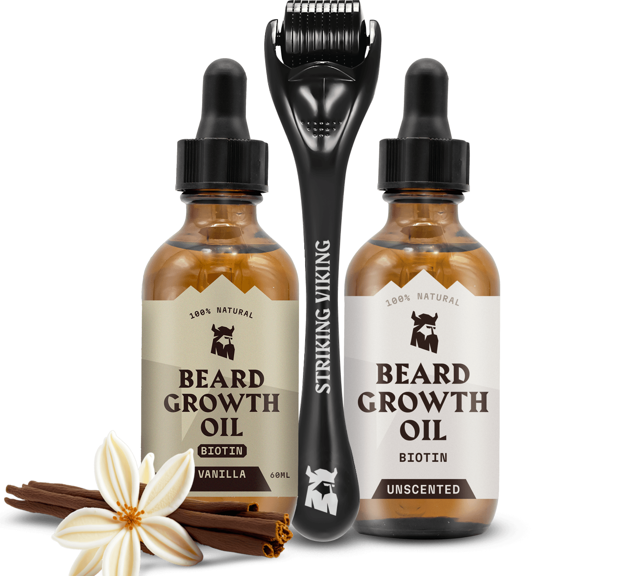Beard Growth Kit - Vanilla & Unscented Biotin Oils + Roller with two bottles of oil and a roller.