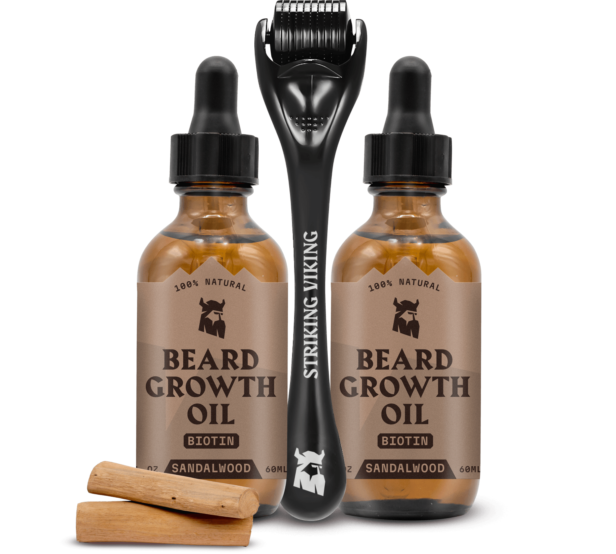 Sandalwood Beard Growth Bundle - Follicle Activating Serum & Titanium Derma Roller with beard growth oil bottles.