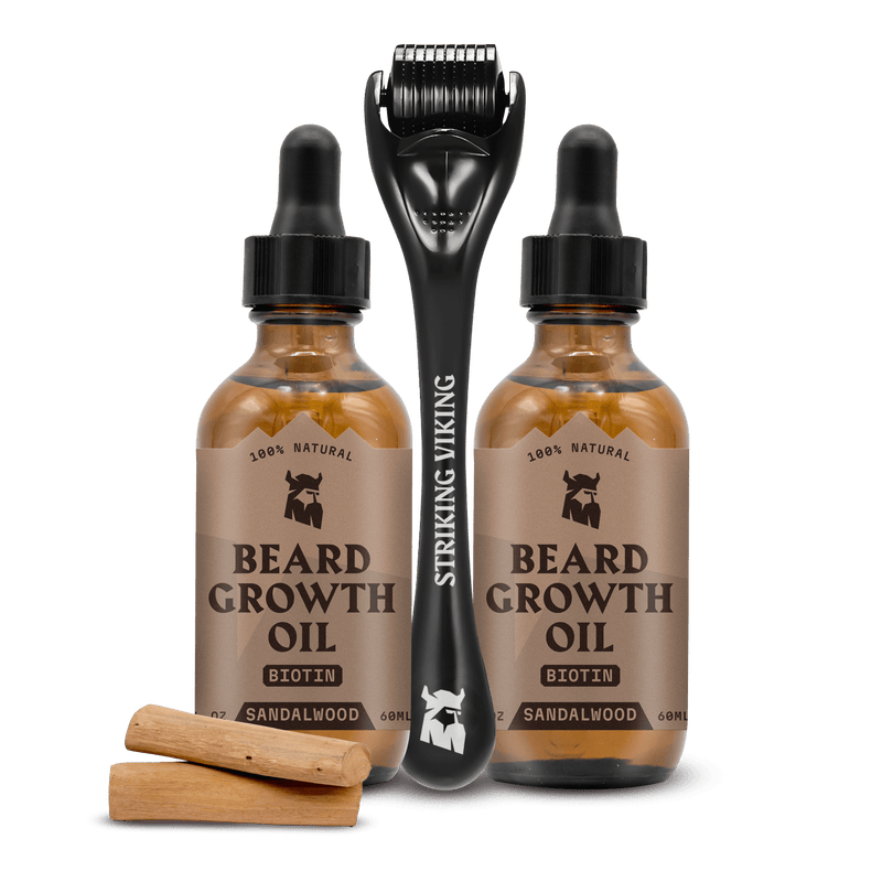 Sandalwood Beard Growth Bundle - Follicle Activating Serum & Titanium Derma Roller with beard growth oil bottles.