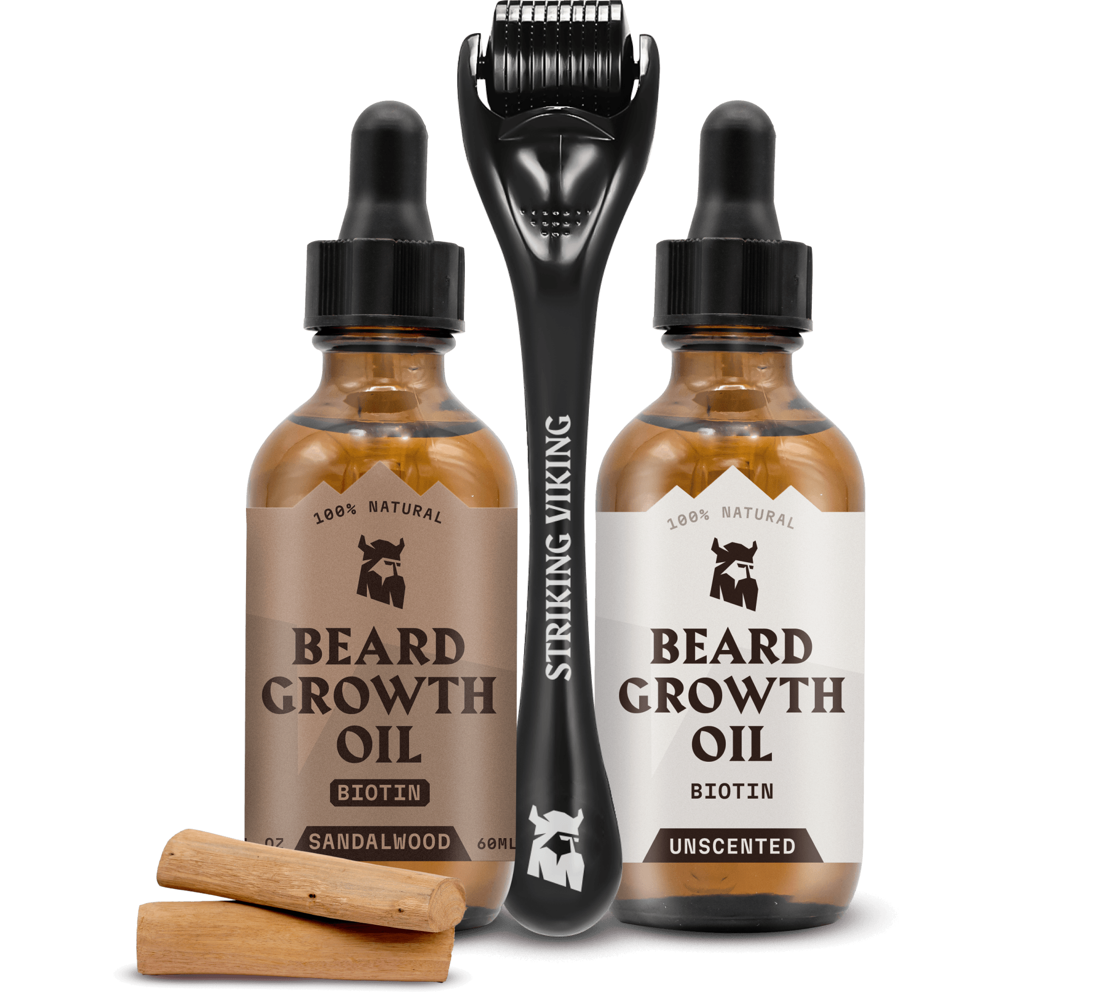 The Hybrid Beard Growth Bundle - Sandalwood & Unscented Oils + Derma Roller featuring two oils and a derma roller.