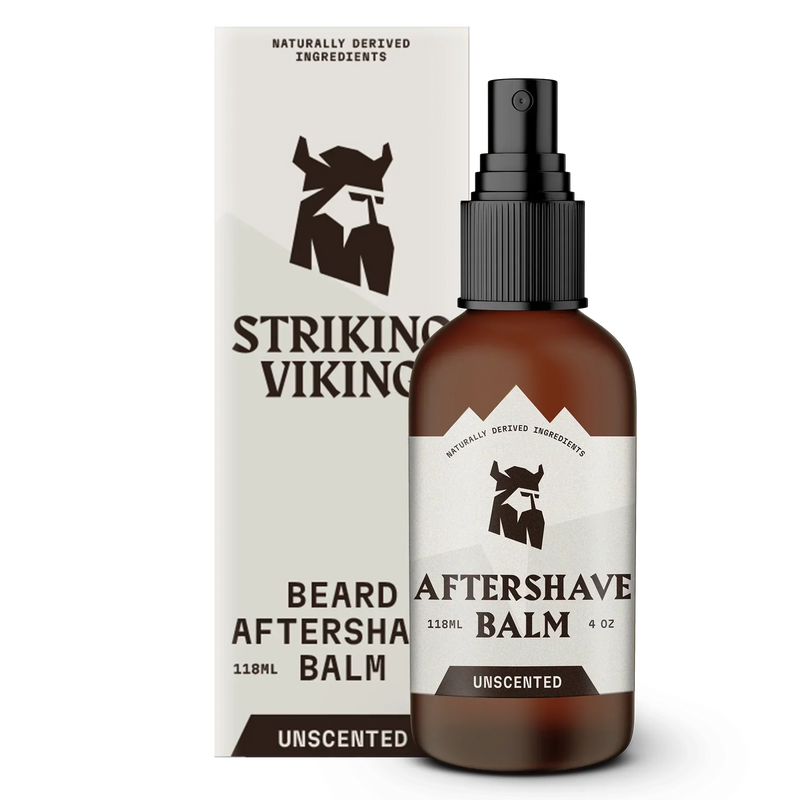 Unscented after shave balm for men by Striking Viking, 118ml bottle and packaging, soothing and hydrating for all skin types.