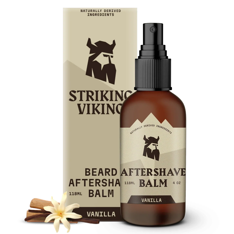 Vanilla after shave balm for men with nourishing formula and soothing fragrance.