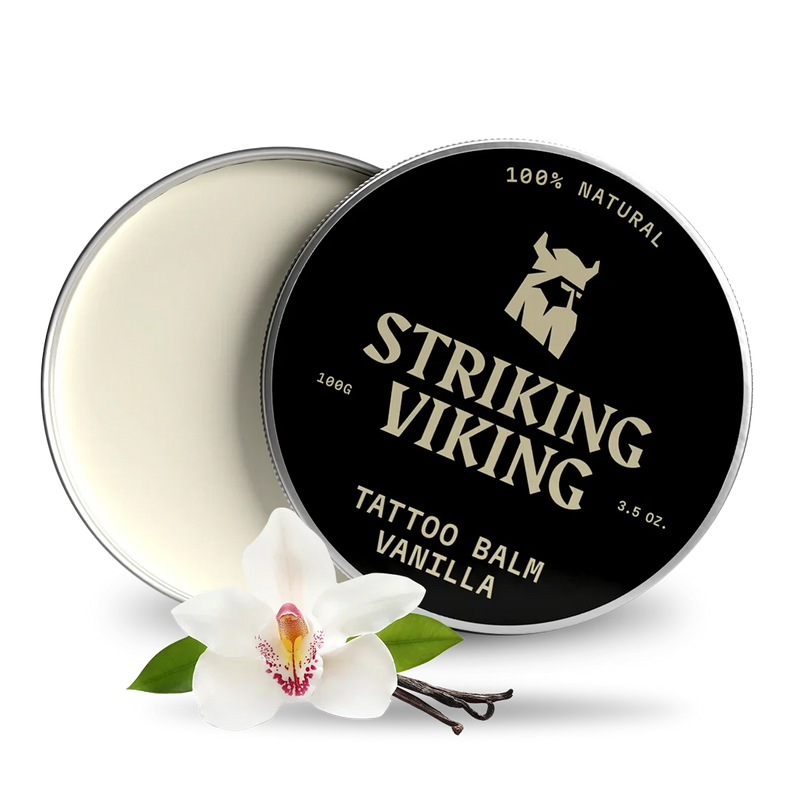 Striking Viking Vanilla Tattoo Balm with orchid flower, soothing tattoo care.