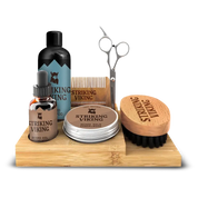 Wooden Beard Care Caddy made of natural bamboo, holds grooming essentials for stylish bathroom organization.