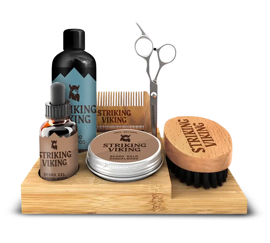 Wooden Beard Care Caddy made of natural bamboo, holds grooming essentials for stylish bathroom organization.