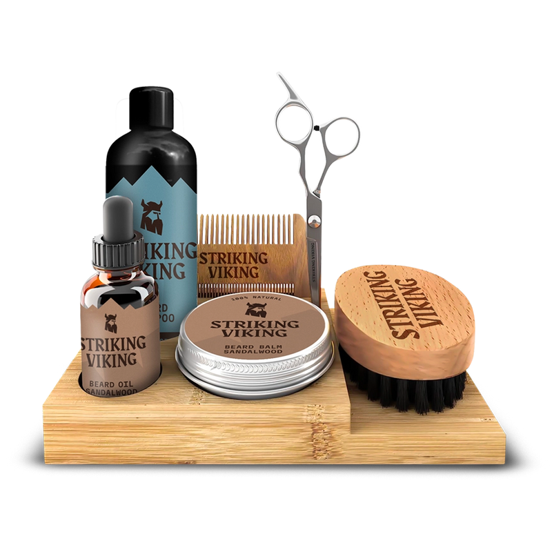 Wooden Beard Care Caddy made of natural bamboo, holds grooming essentials for stylish bathroom organization.