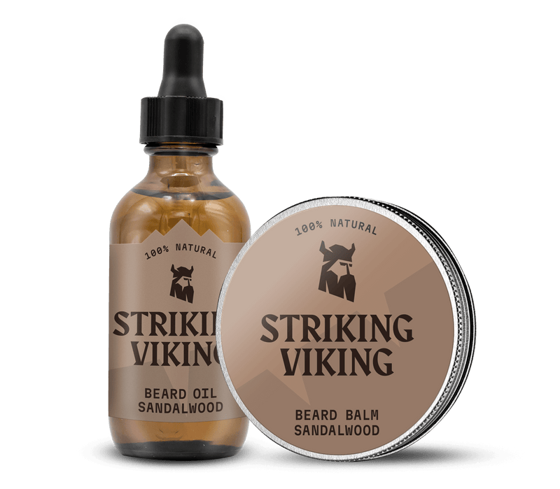 Beard oil and balm set with sandalwood scent, includes a dropper bottle and a tin.