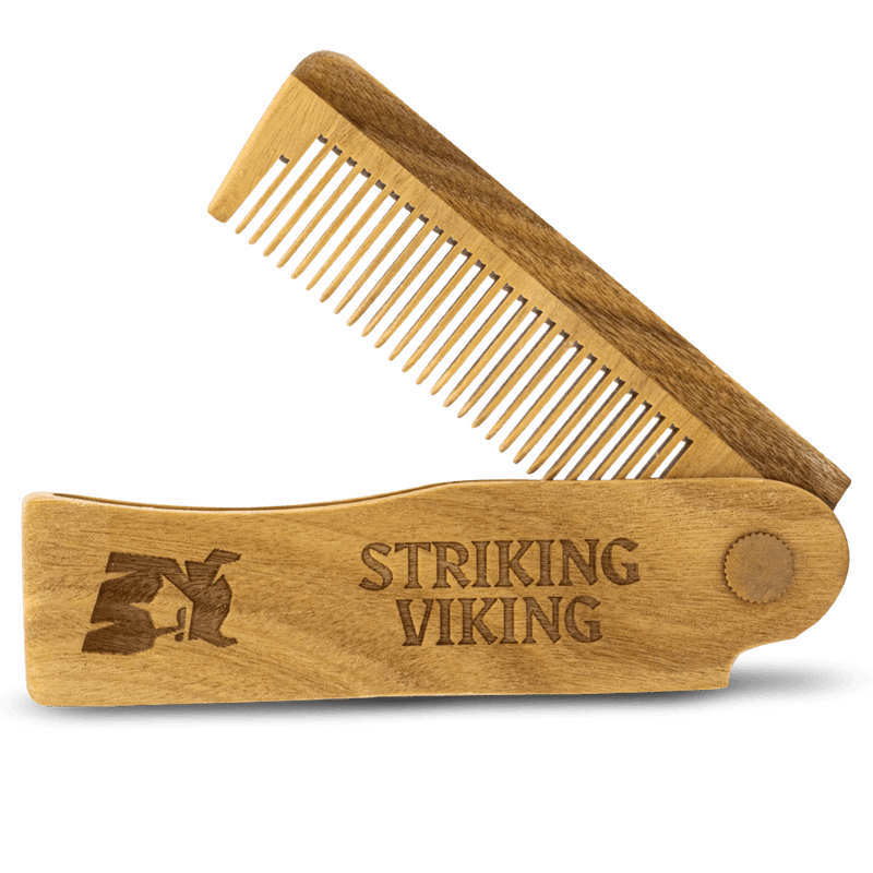 Folding Wooden Comb made from 100% sandalwood, handcrafted, switchblade style, Striking Viking.