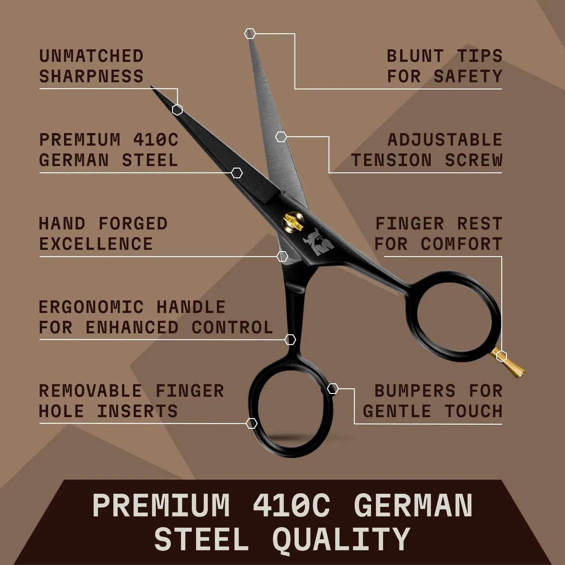 Premium 410C German steel mustache scissors with ergonomic handle and safety features for precise grooming.