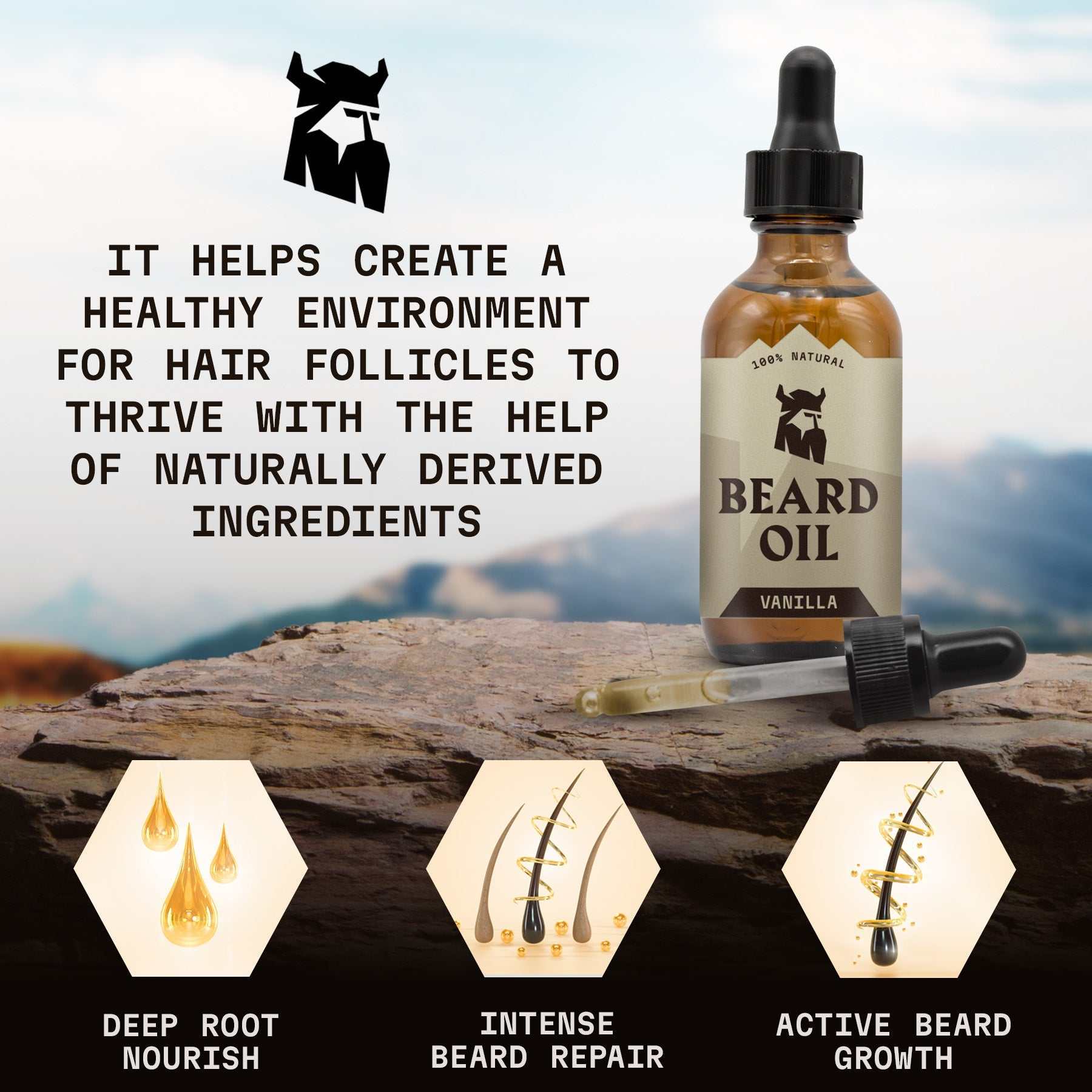 Beard Oil Vanilla bottle with dropper, natural ingredients for beard growth and care.