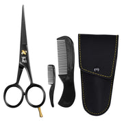 Mustache scissors set with stainless steel blades, mini comb, and synthetic leather case for precise beard grooming.