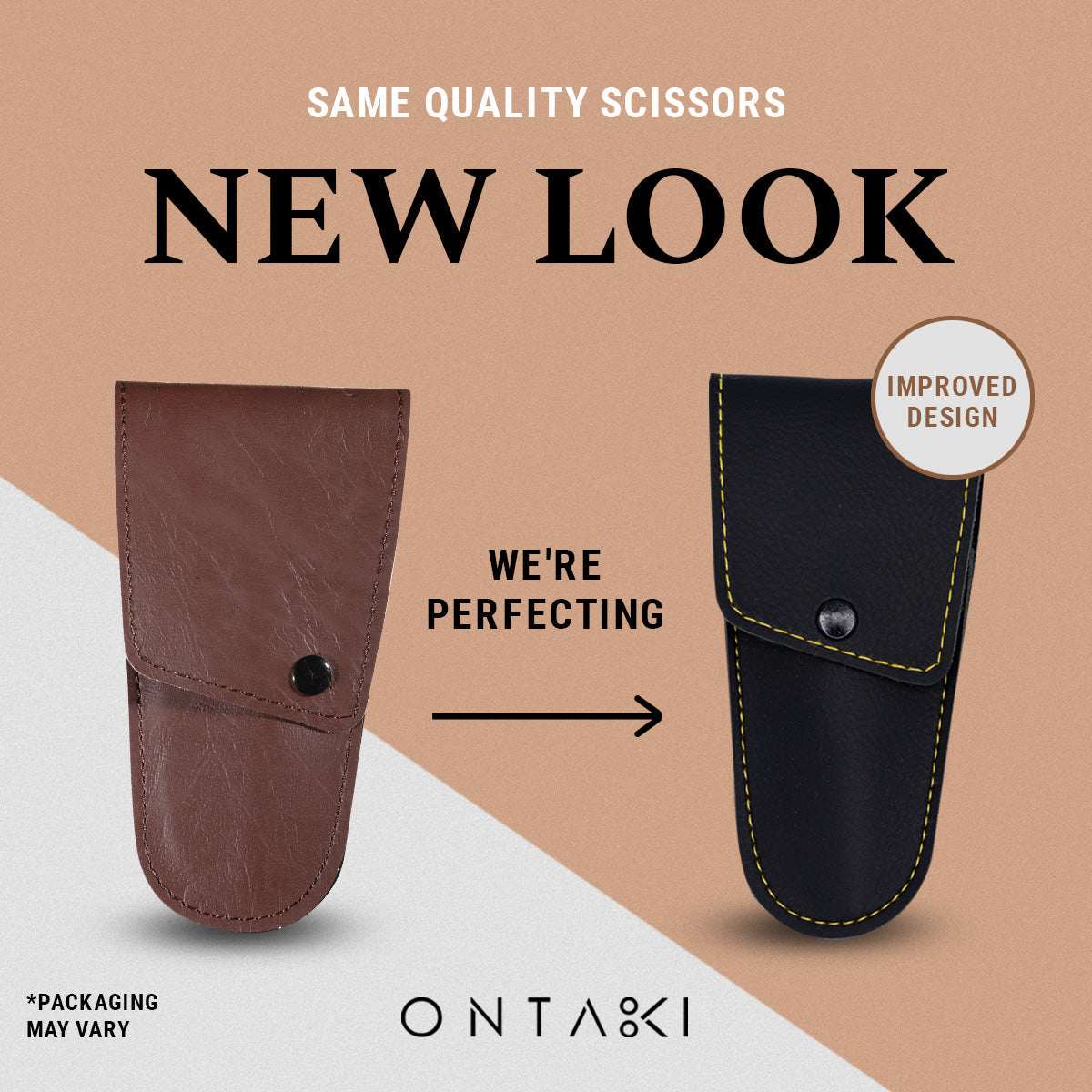 Two leather pouches, one brown and one black, with text indicating a new look and improved design by Ontaki.