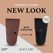 Two leather pouches, one brown and one black, with text indicating a new look and improved design by Ontaki.